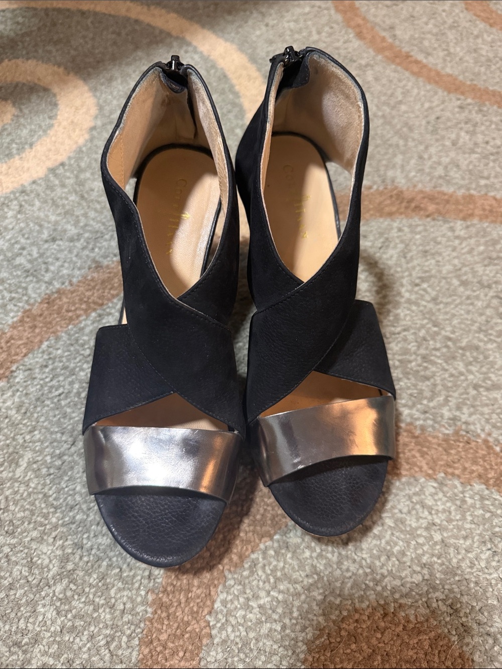 Cole Haan Black Suede Heels with Silver Toe Strap